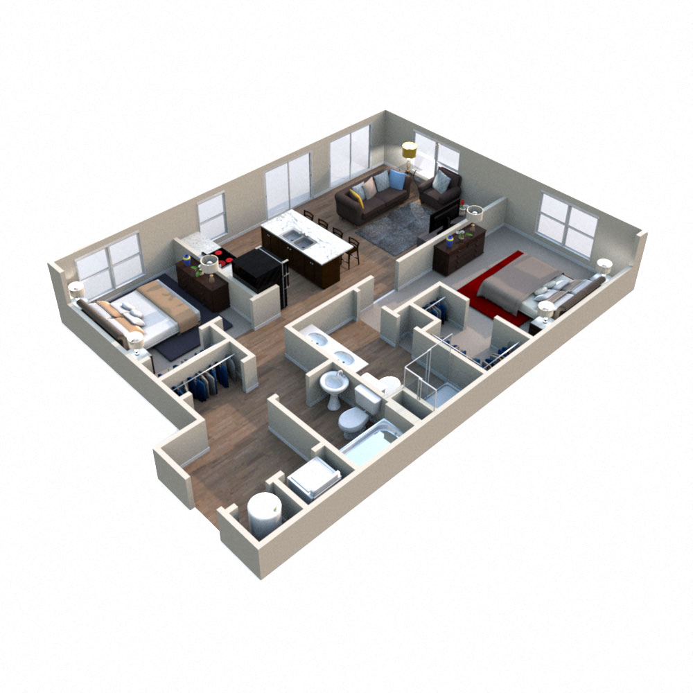 Floor plan for 2 beds, 2 baths, 1173 sqft